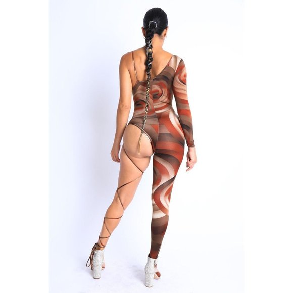 Women Paint Printed One Sleeve One Leg Tie Detailed Jumpsuit Sexy Jumpsuit - Picture 7 of 12